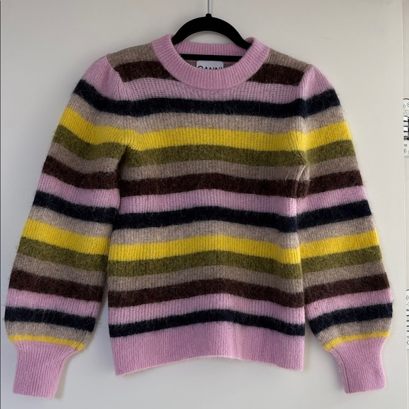 Ganni Alpaca Wool Blend Striped Sweater w Balloon Sleeve Sweater M EUC - Picture 1 of 9